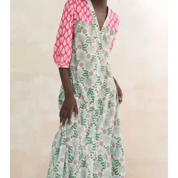 Zara | Midi Dress Floral Button Front V Neck Short Sleeve- Size Small - Picture 2 of 11